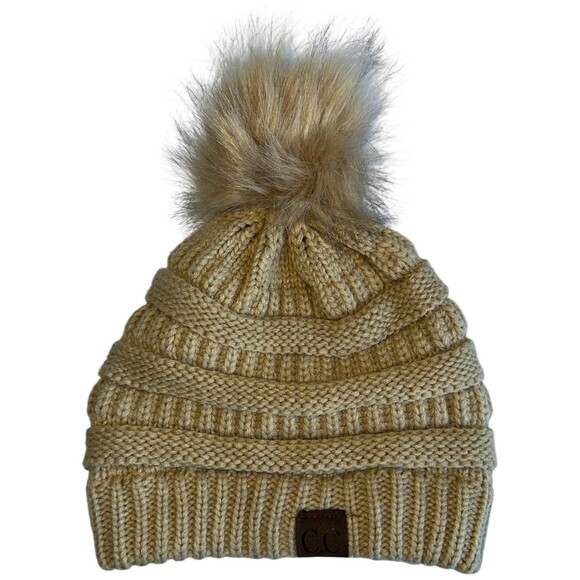 CC Beige Knit Beanie FURTALK Green Faux Fur Pom Hat Womens Winter Lot - Picture 5 of 16